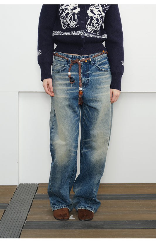 Retro washed loose denim pants