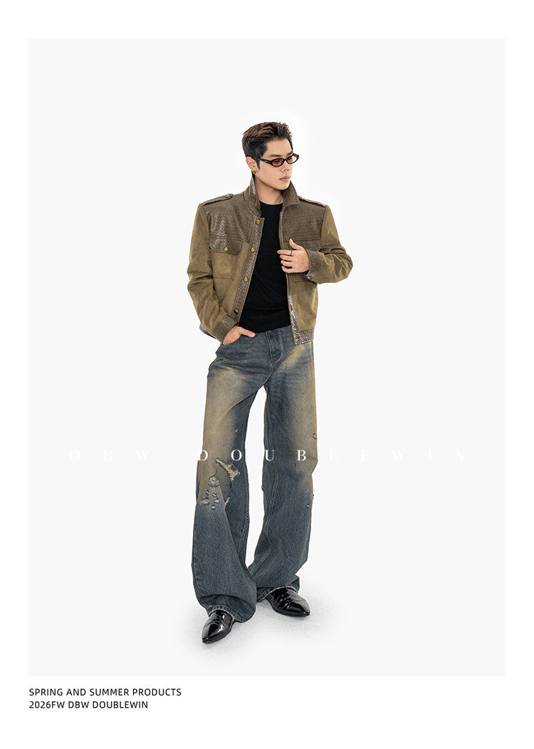 Textured Leather Patchwork Suede Short Jacket