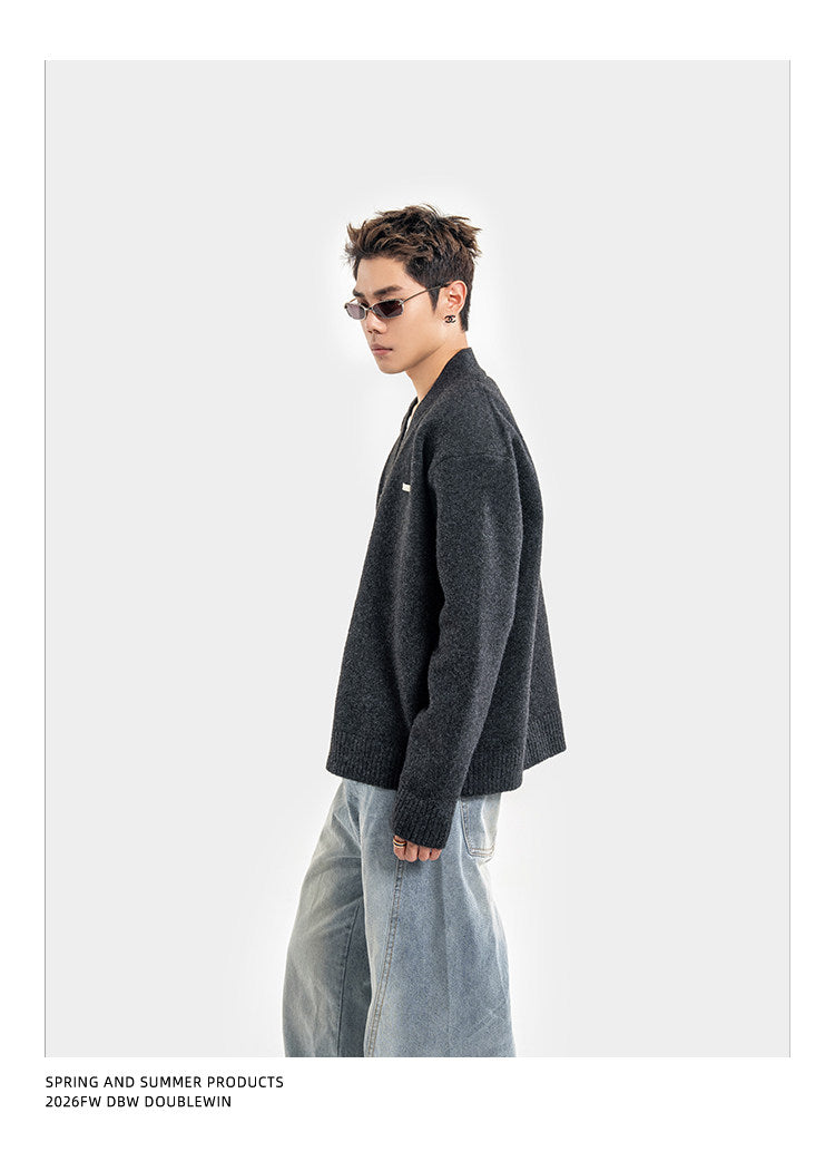 Curved Shoulder Pad Knit Cardigan