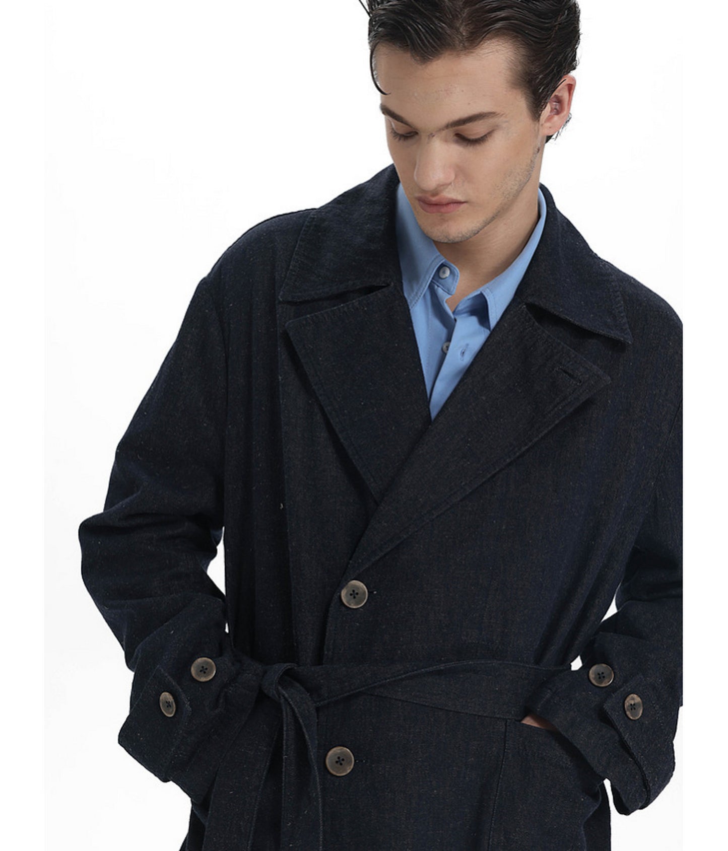 Linen-Blend Denim Trench Coat　
