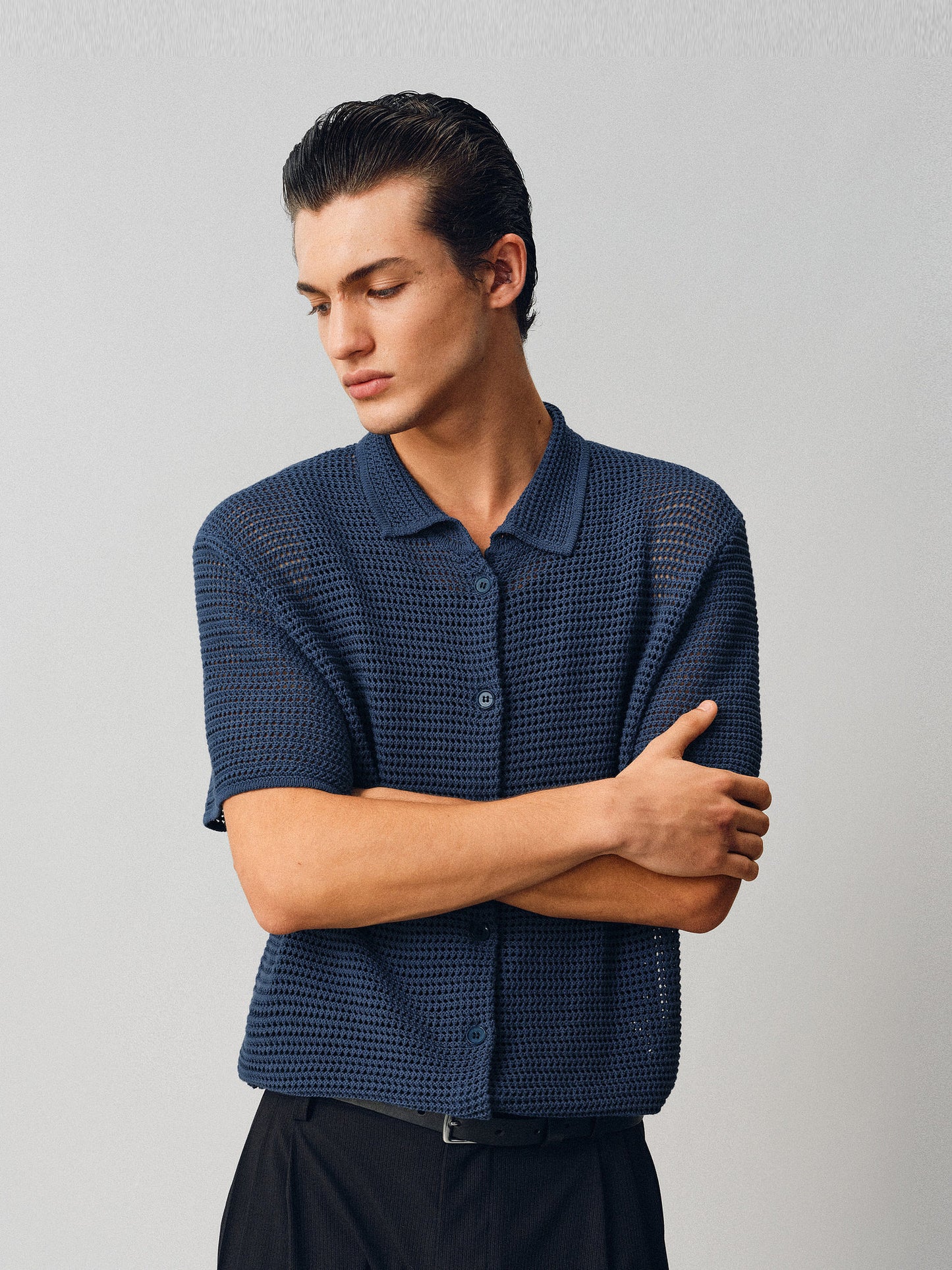 Hollow-knit Button-Down Shirt