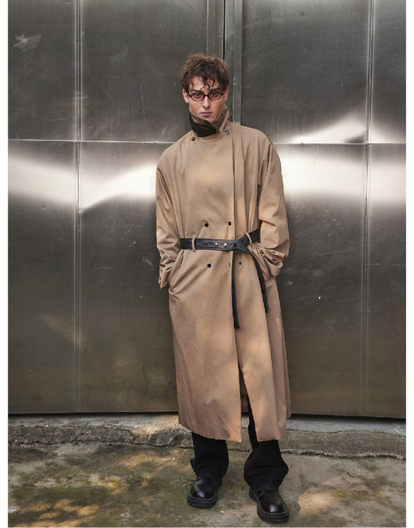 Leather hand stand collar long coat