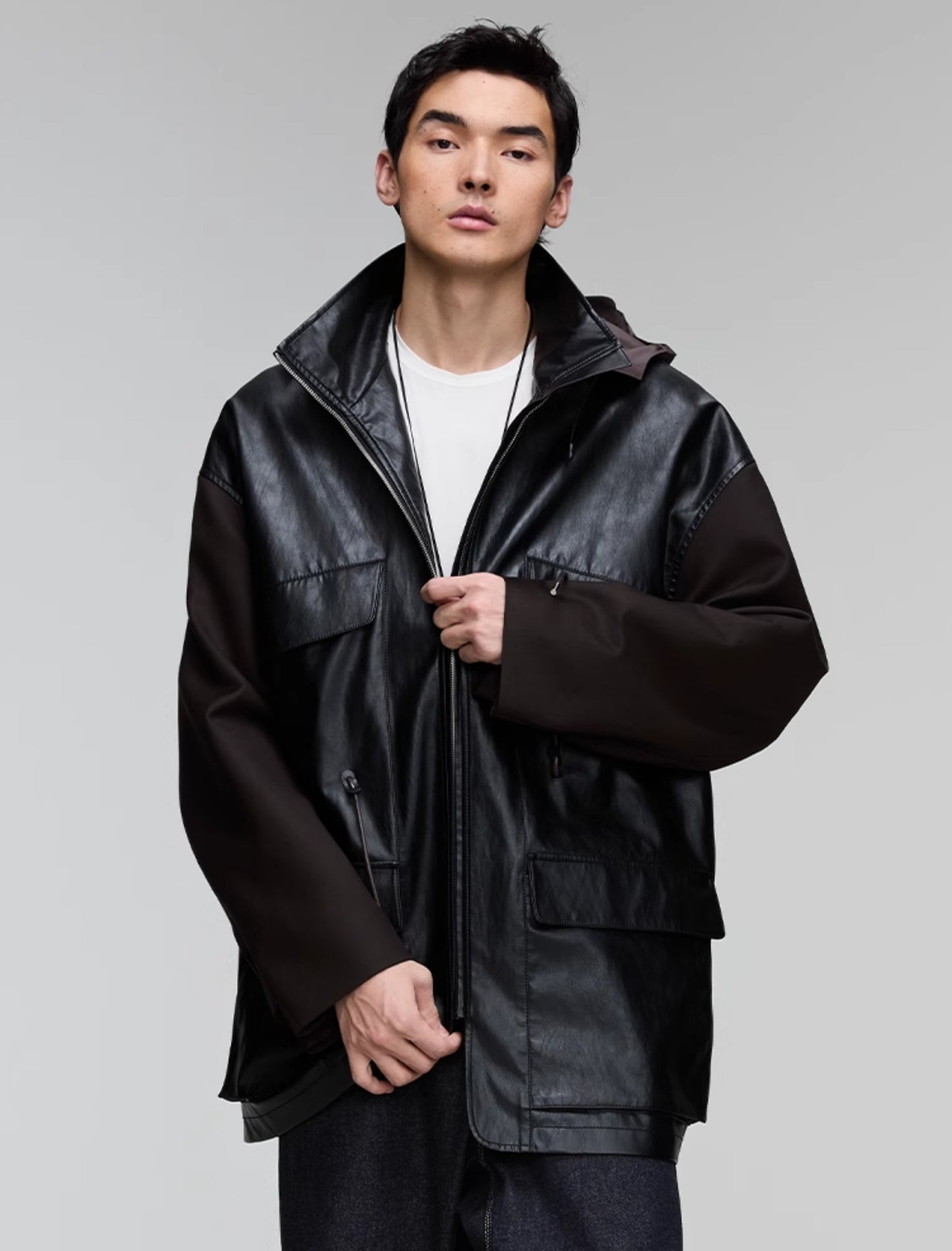 Leather jacket with detachable hood