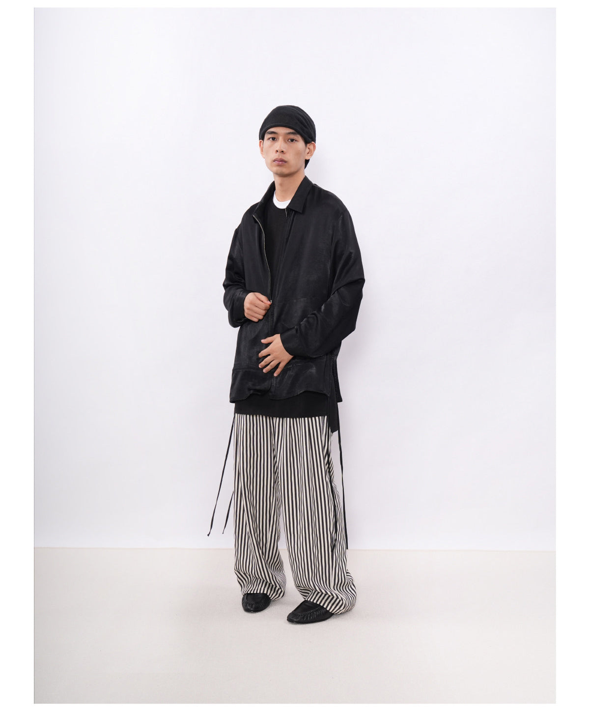 Shiny Side-Drawstring Zipper Shirt