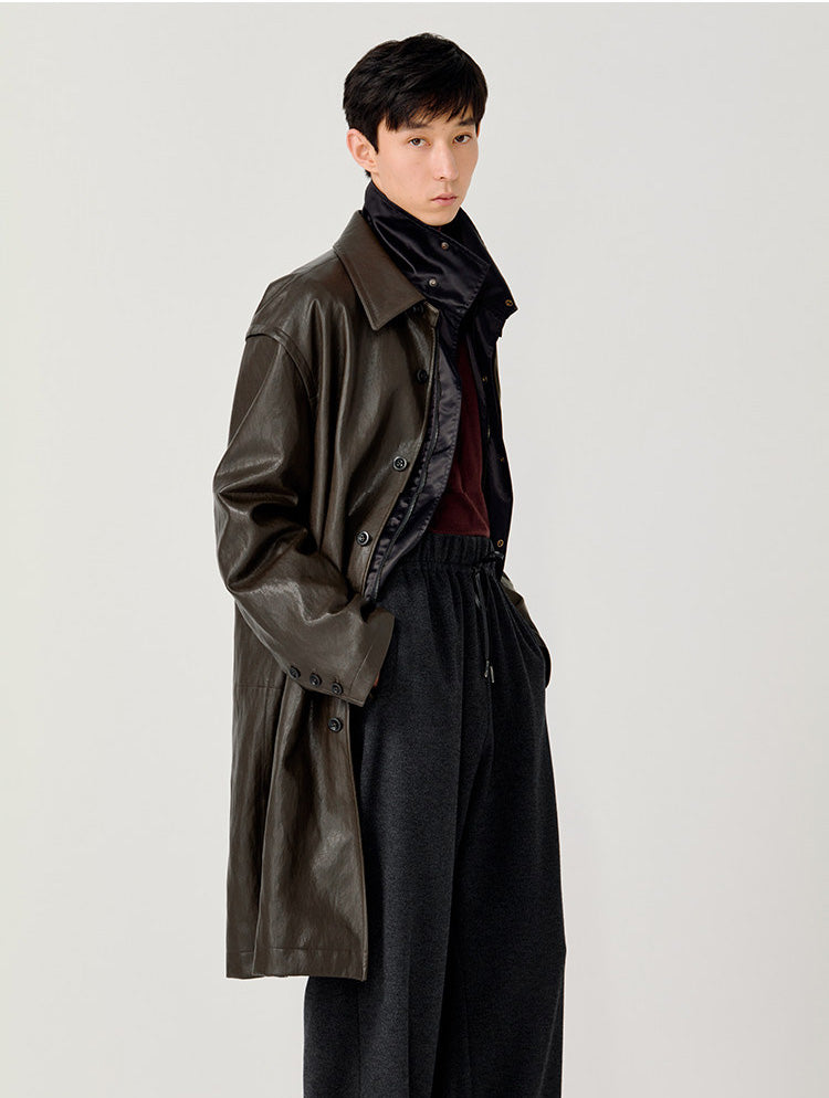 Hidden Front Placket Leather Coat