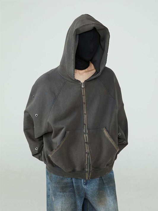 Distressed perforated hooded sweatshirt