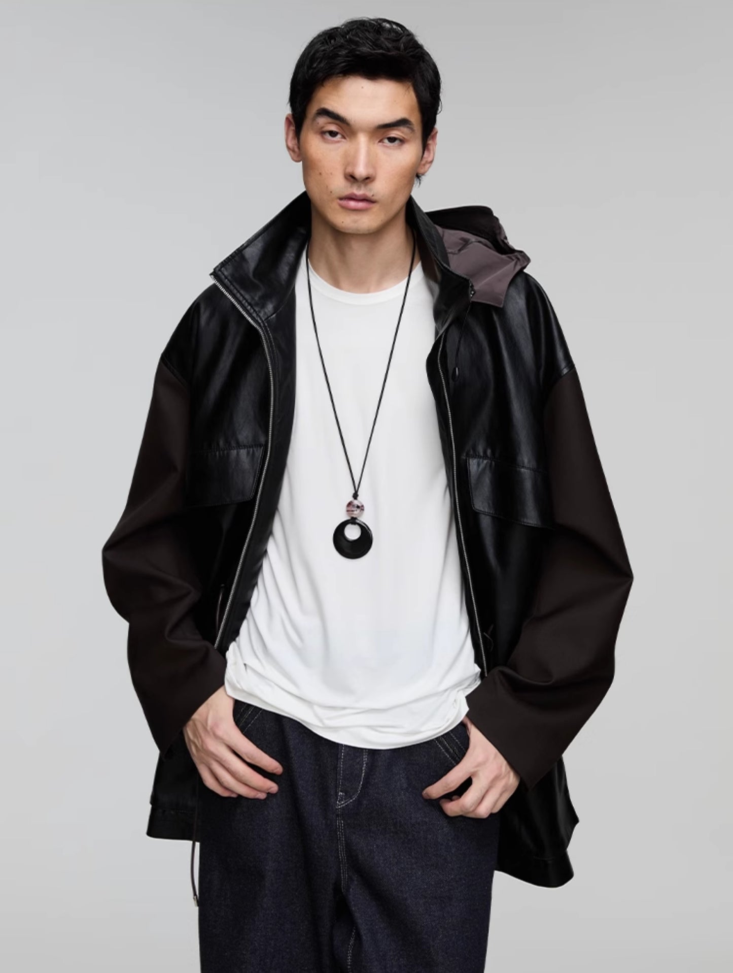 Leather jacket with detachable hood