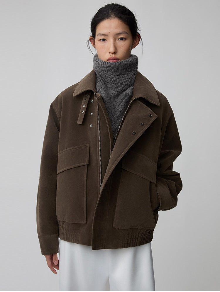 Suede Collar Button-Down Jacket