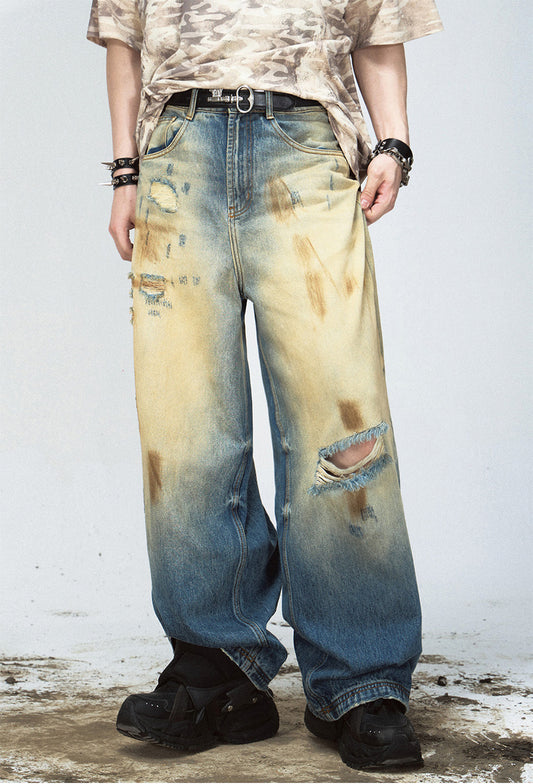Mud-dyed wide-leg straight jeans