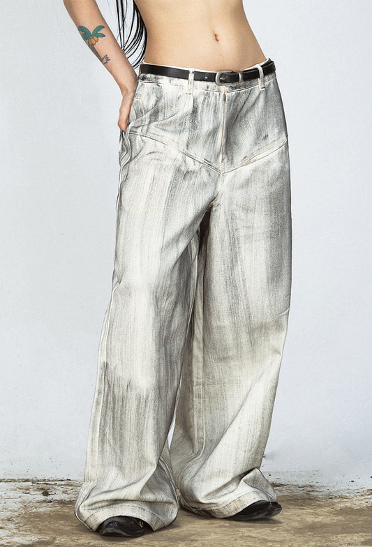 Stained and Washed Straight Wide Leg Jeans