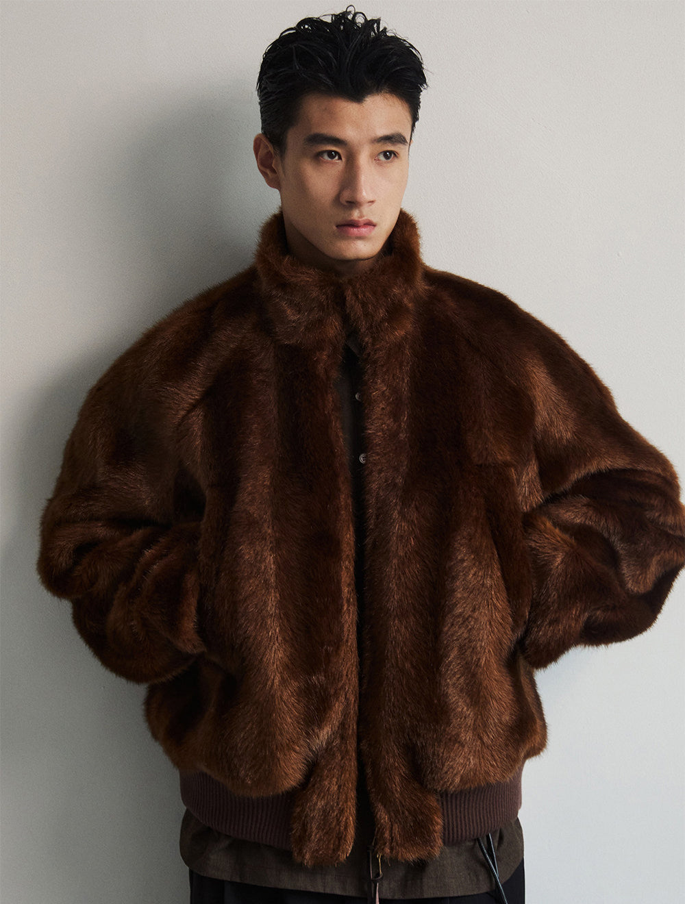 Double-Zipper Faux Fur Jacket