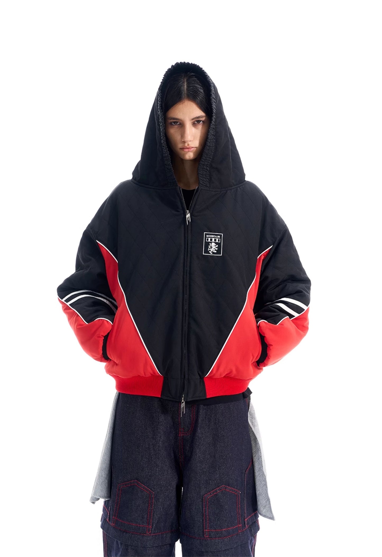 Diamond-pattern hooded jacket