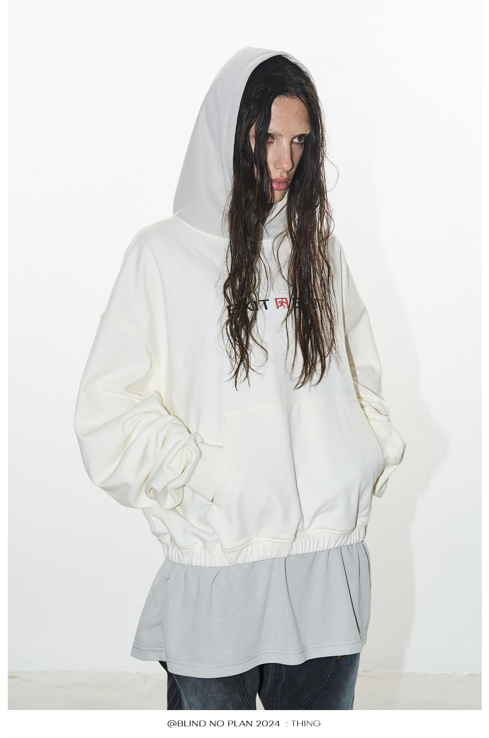 Faux two-piece hooded sweatshirt