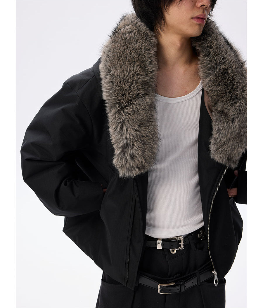 Wide cotton jacket with detachable fur collar