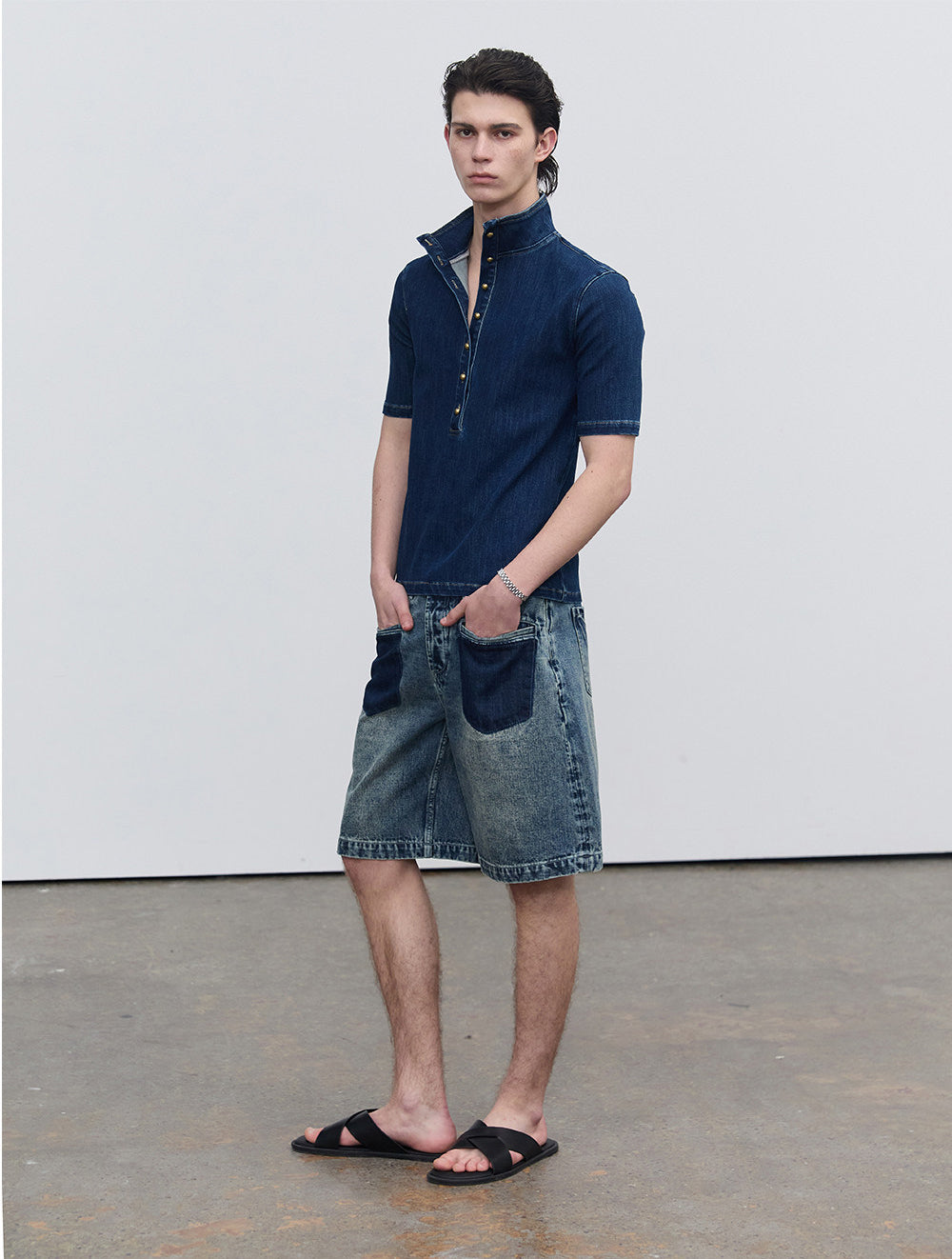 Half-open-front denim shirt