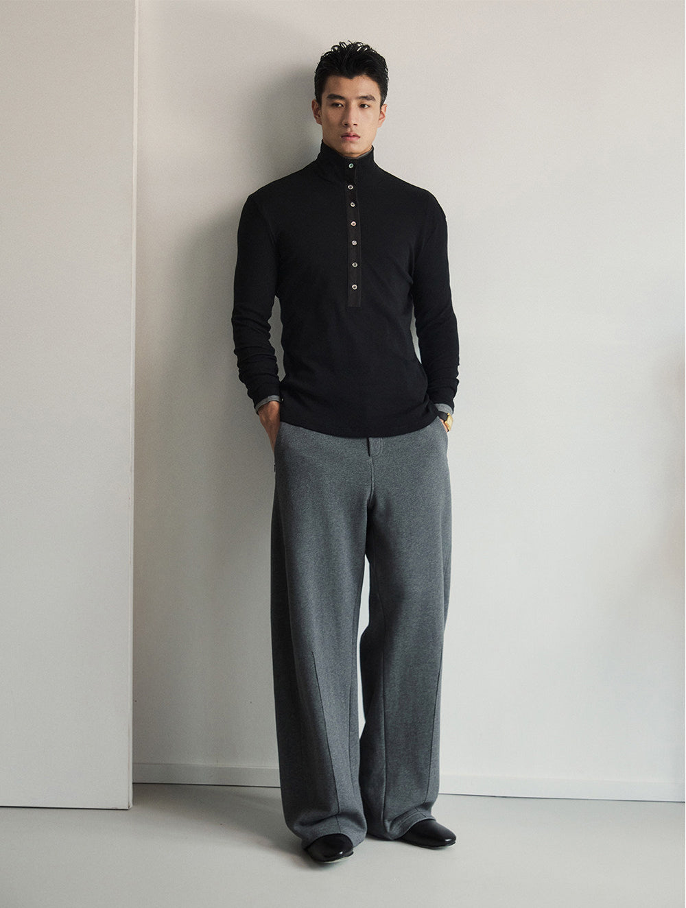 High-Neck Button-Down Shirt