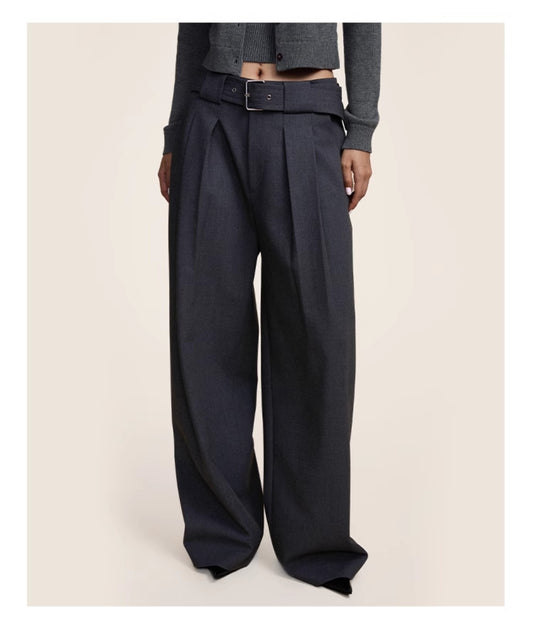 Belt Pleated Loose Straight Casual Pants