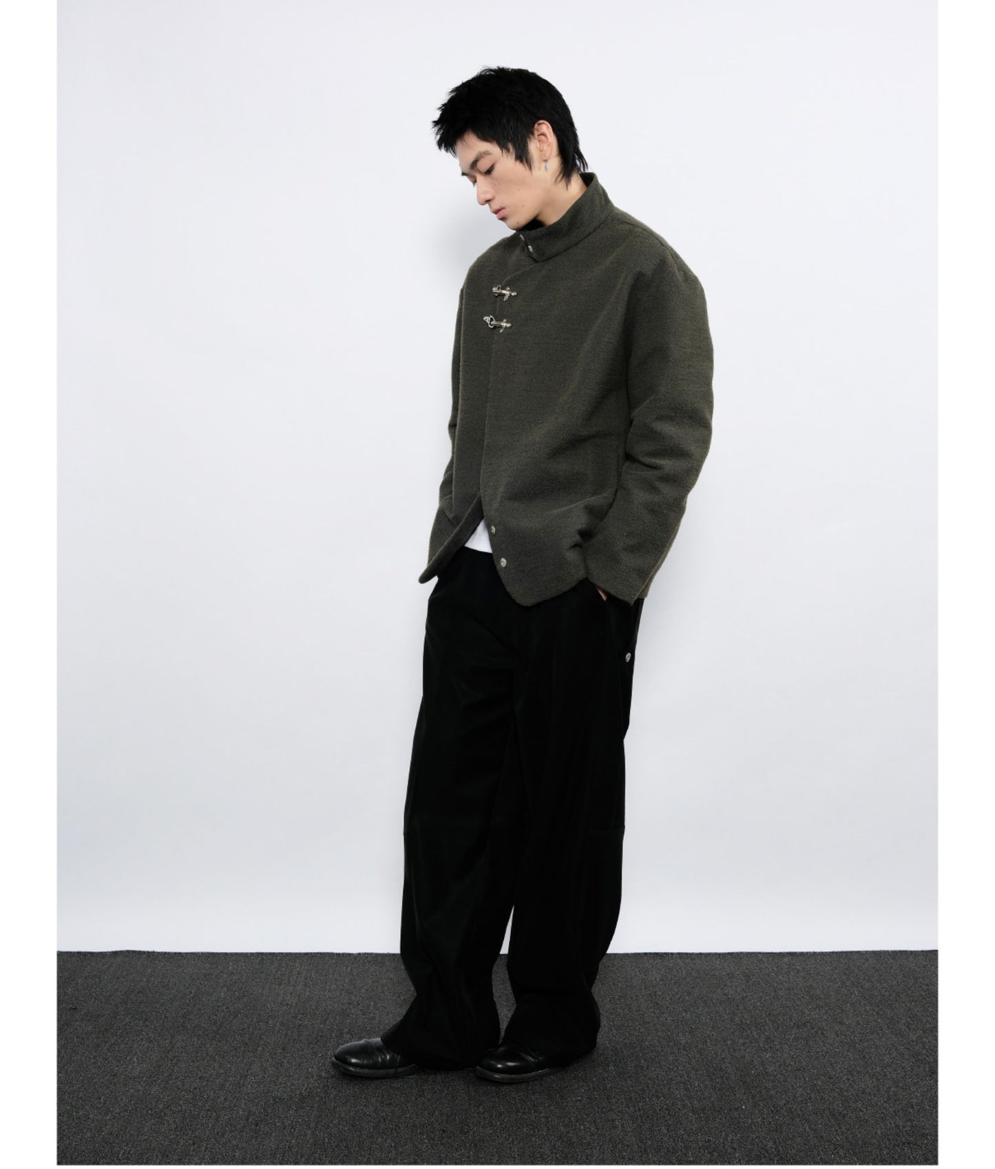 Wool jacket with diagonal front placket