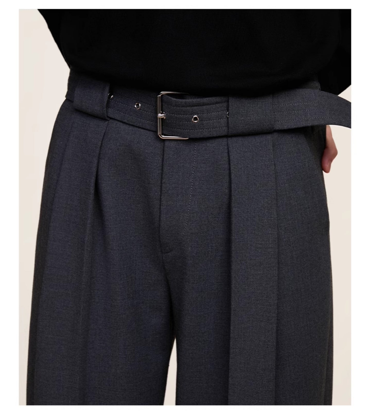 Belt Pleated Loose Straight Casual Pants