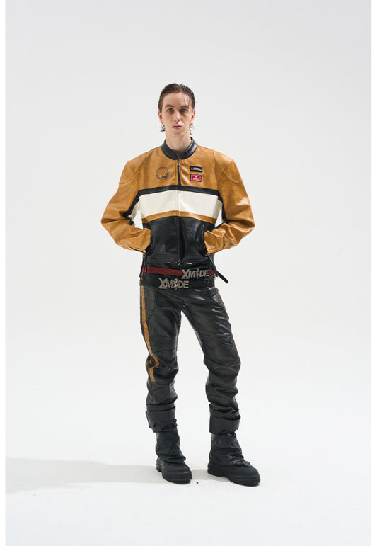 Contrast Color Leather Jacket