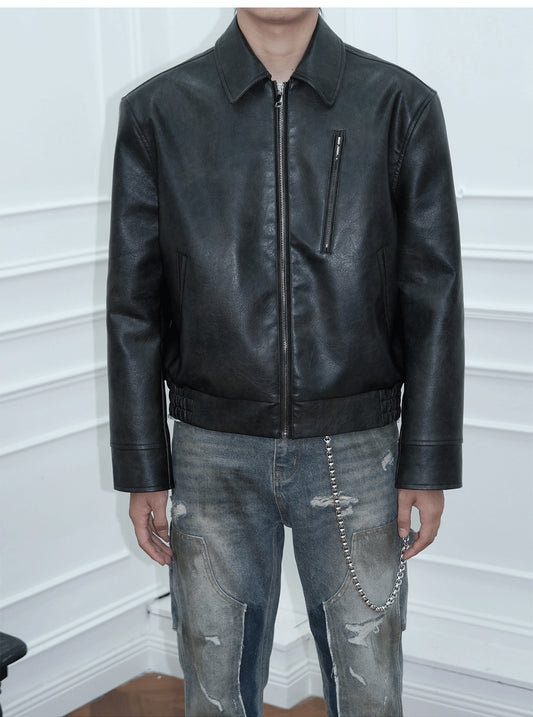 Damaged Retro Short Wide Leather Jacket