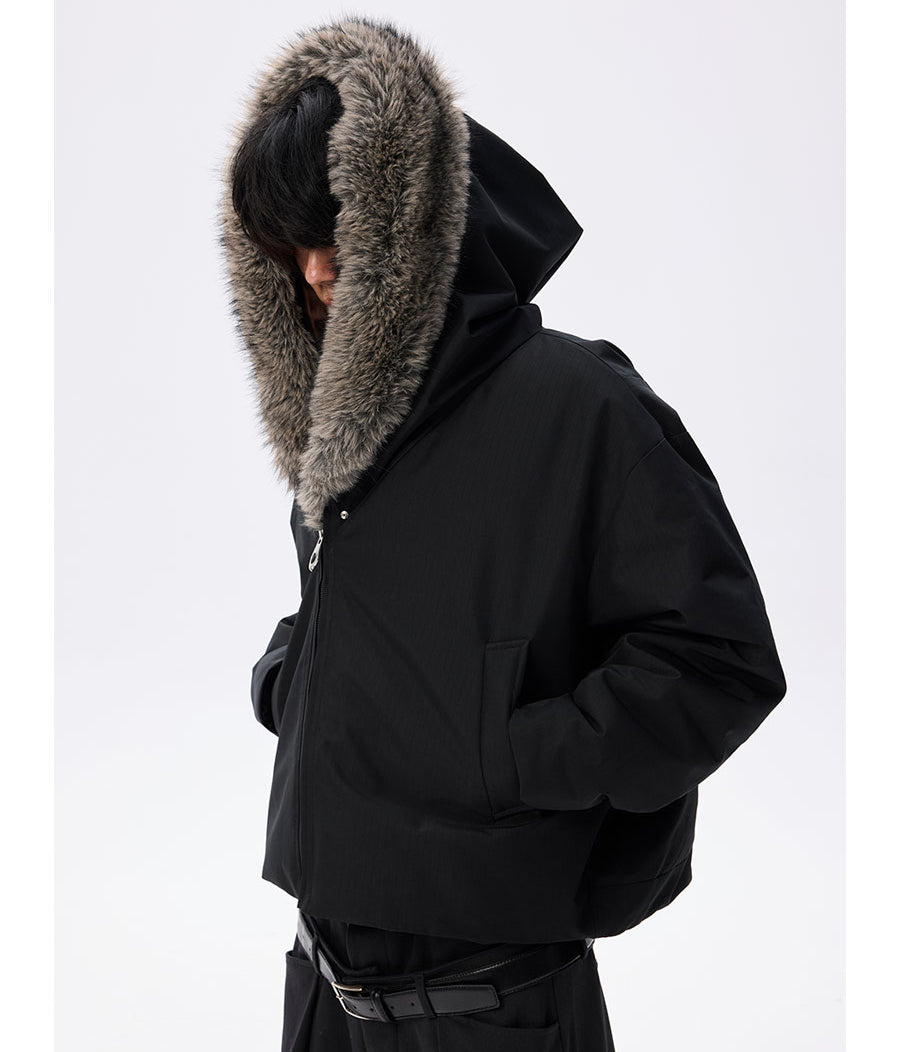 Wide cotton jacket with detachable fur collar