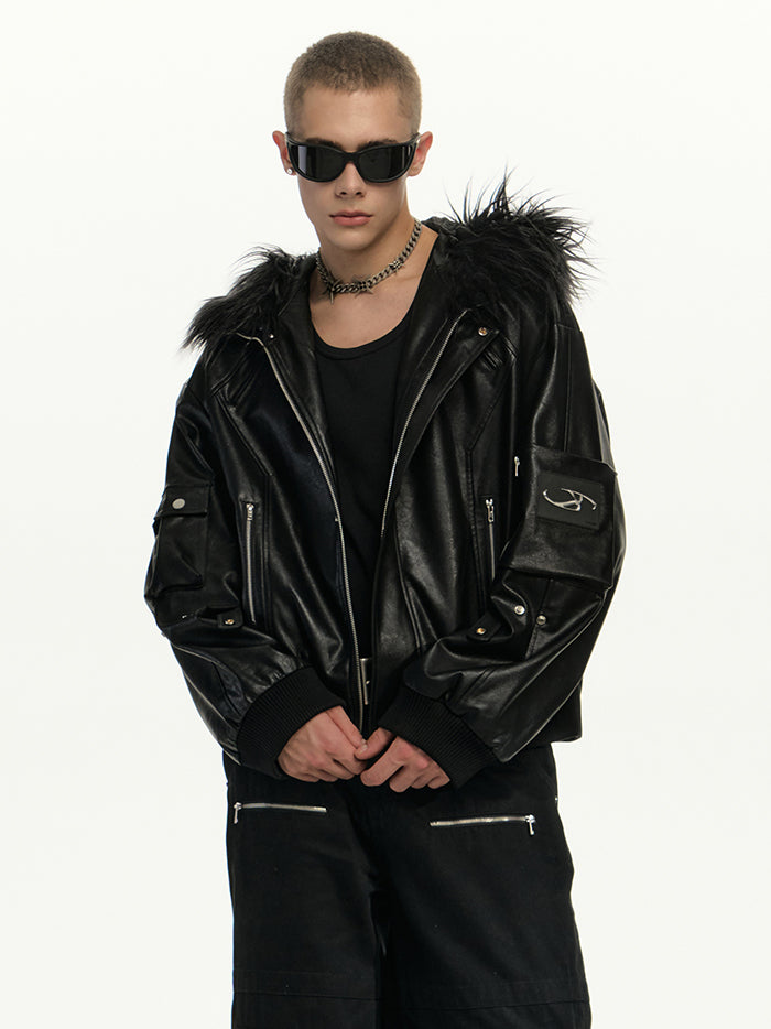 Big Fur Hooded PU Leather Jacket